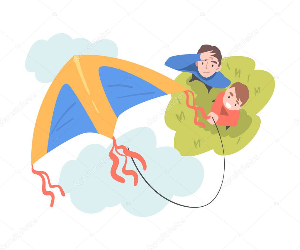 Dad and Son Playing Kite Outdoors, Top View of Cheerful Man and Boy Watching at Flying Kite Cartoon Style Vector Illustration