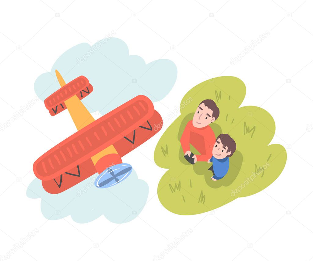 Dad and his Son Launching Biplane Model, View from Above of Parent and Son Watching at Flying Aircraft Outdoors, Aeromodelling Concept Cartoon Style Vector Illustration