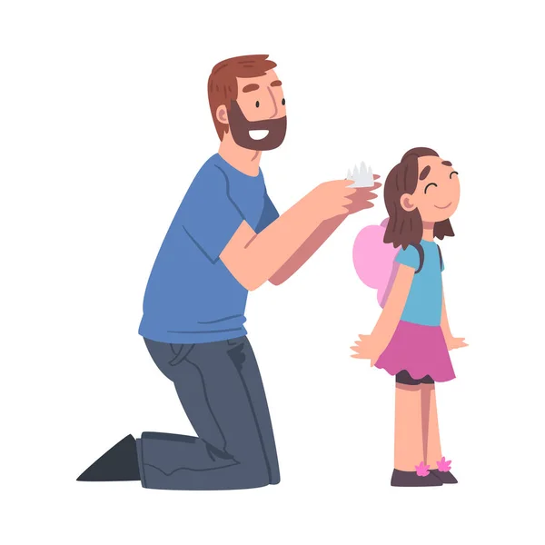 Papá barbudo poniendo corona en la cabeza de su hija pequeña Vector Ilustración — Archivo Imágenes Vectoriales