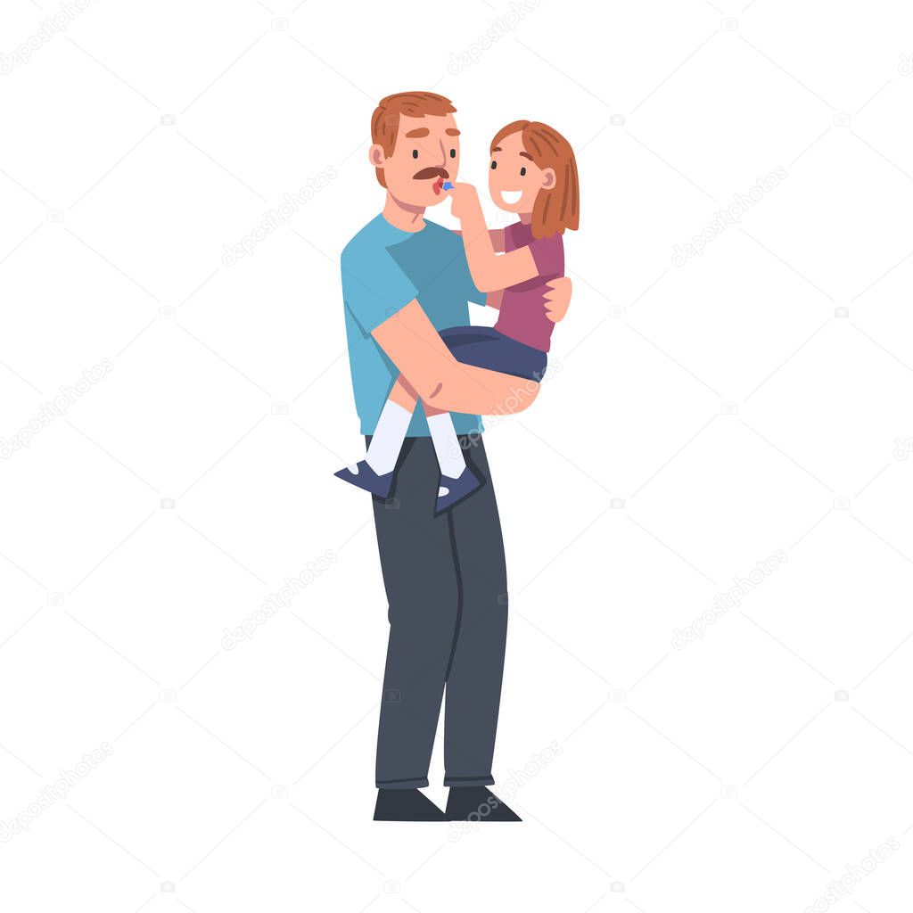 Moustached Dad Holding His Little Daughter Putting Lipstick on His Lips Vector Illustration