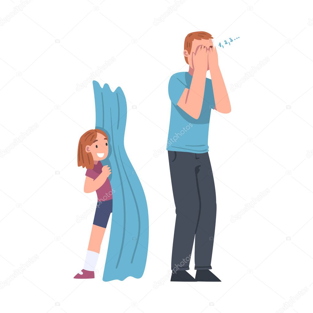 Moustached Dad Playing at Hide-and-seek with His Daughter Vector Illustration
