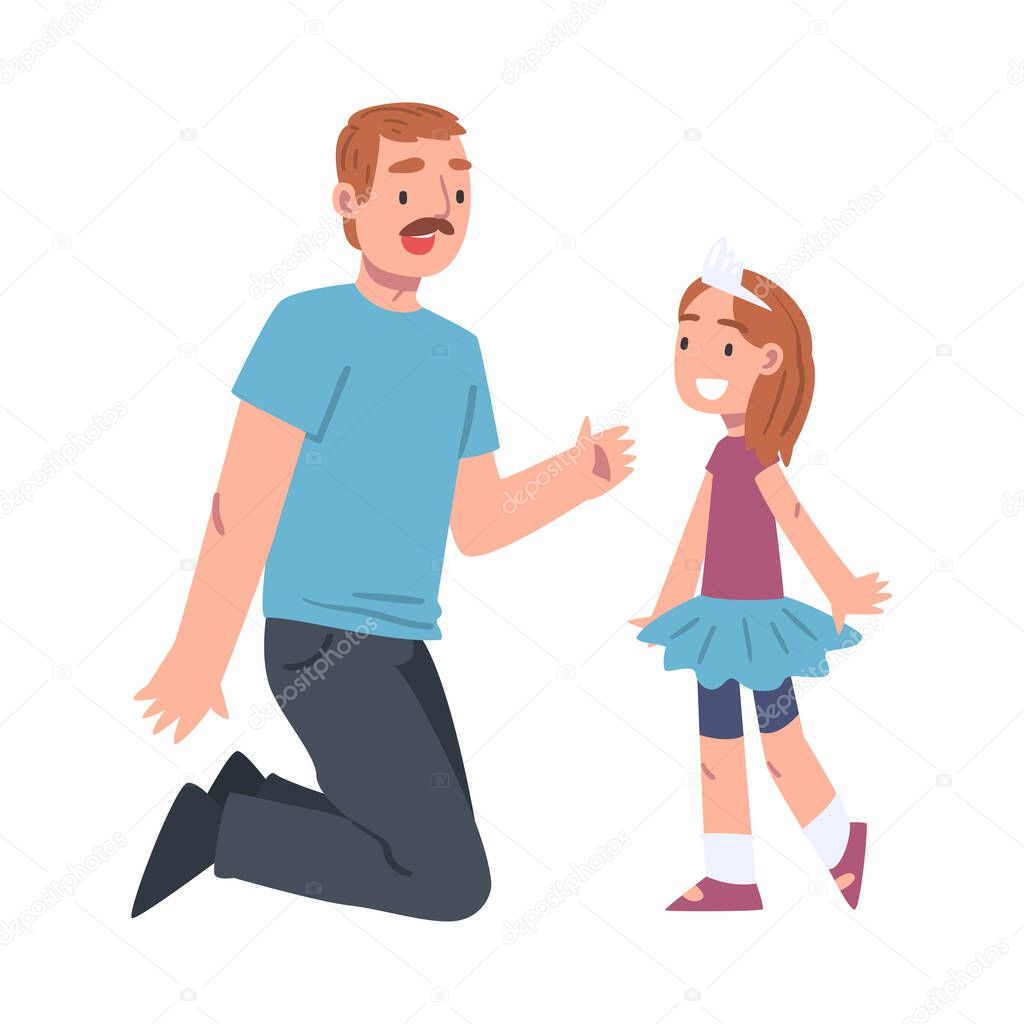 Moustached Dad Playing with His Daughter Wearing Crown Vector Illustration