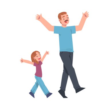 Moustached Dad Walking with His Little Daughter with Their Arms Raised Vector Illustration clipart