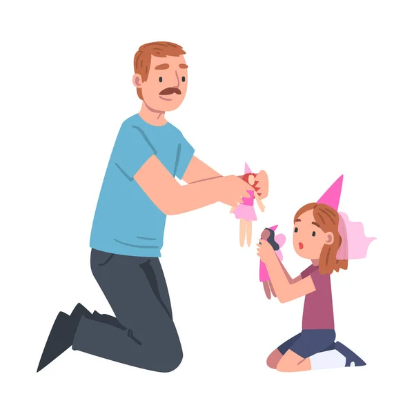 Baffuto papà giocare bambole con la sua piccola figlia vettoriale illustrazione — Vettoriale Stock