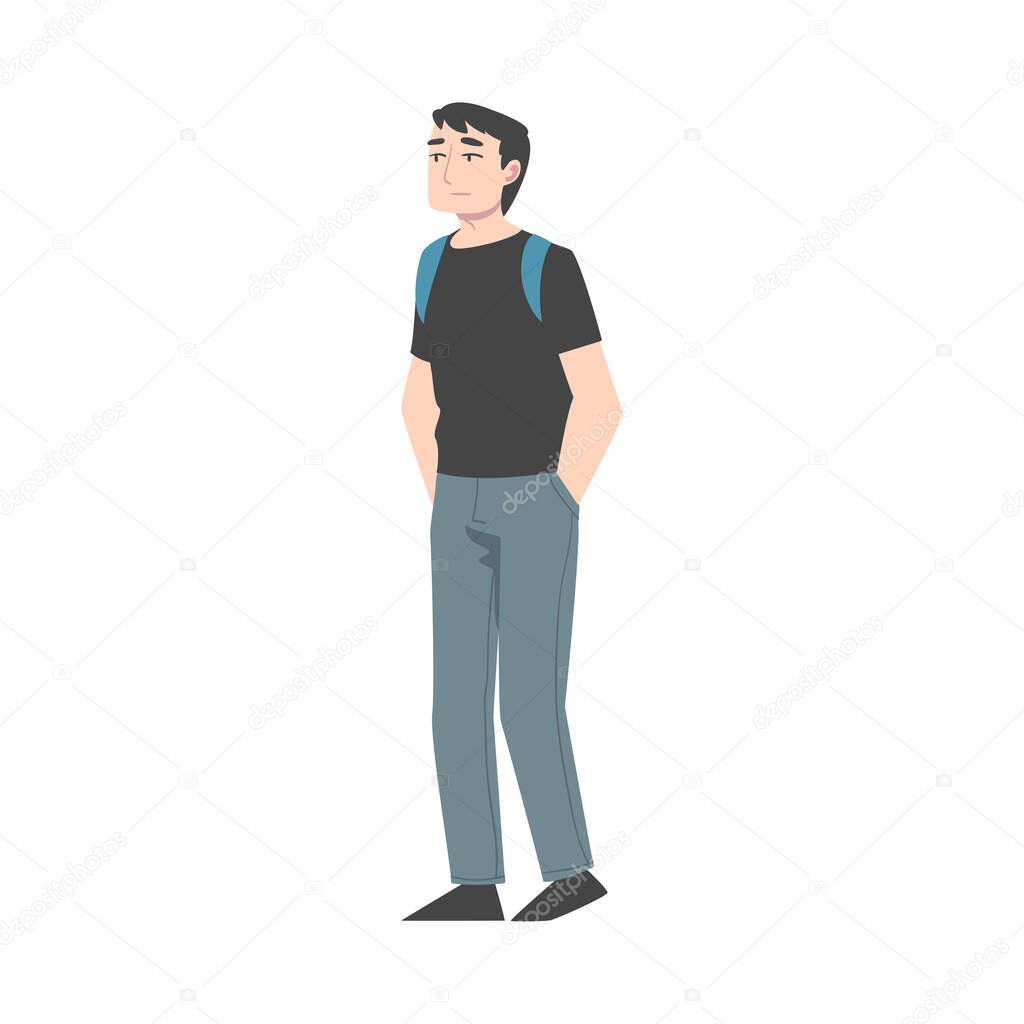 Young Man with Backpack Standing and Waiting Cartoon Style Vector Illustration