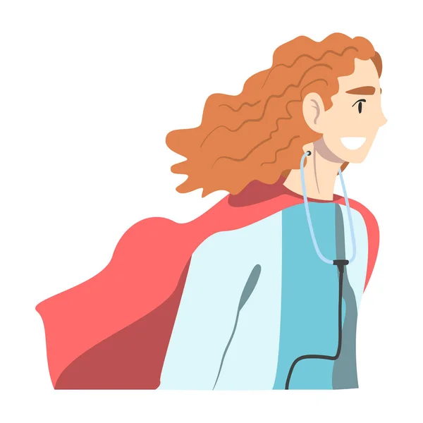 Smiling Woman Doctor Superhero Wearing Waving Cape, Confident Doctor Helping People, Healthcare and Safety Concept Cartoon Style Vector Illustration — Stock Vector