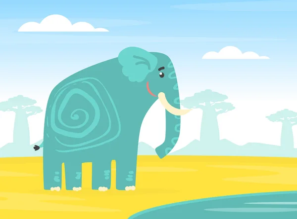 Lindo elefante animal africano en el fondo del paisaje de sabana africana ilustración vectorial de dibujos animados — Archivo Imágenes Vectoriales