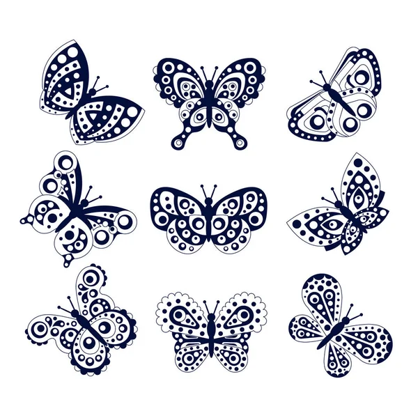Collezione di farfalle monocromatiche, Illustrazione vettoriale del fumetto delle creature meravigliose alate nere — Vettoriale Stock