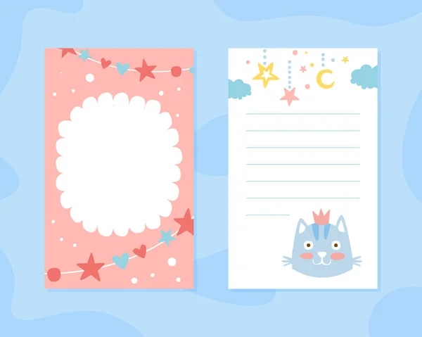 Cute Childish Note Sheet, Szablon gratulacji, Zaproszenie, Pokrywa, Notatnik, Strona planowania, Organizator dla dzieci z Cute Funny Cat Wektor Ilustracja — Wektor stockowy