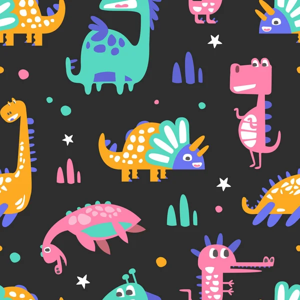 Niedliche bunte Dinosaurier abstrakten nahtlosen Hintergrund, Stoff, Tapete, Packpapier, Textil, Hintergrunddesign Vektor Illustration — Stockvektor