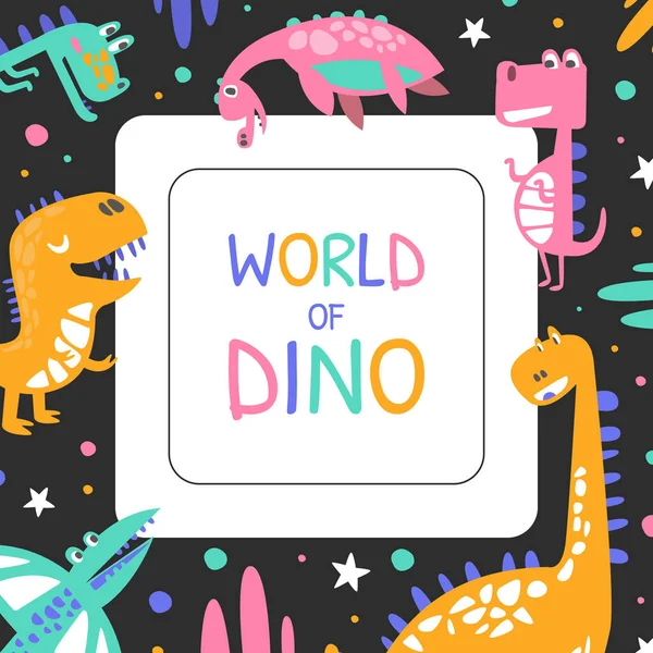 Modèle de bannière World of Dino, couverture, affiche, carte d'invitation, conception de flyer avec des créatures préhistoriques Illustration vectorielle de bande dessinée — Image vectorielle