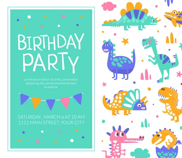 Narozeniny Party Card šablona, Baby Shower Pozvánka, Pozdrav karty s roztomilé legrační dinosauři bezešvé vzor vektorové ilustrace — Stockový vektor