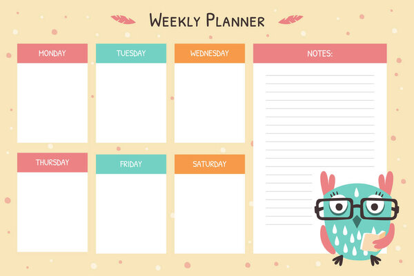 Weekly Planner for Kids Template, Planning Page, Notes, Organizer for Kids with Cute Funny Owl Bird Cartoon Vector Illustration