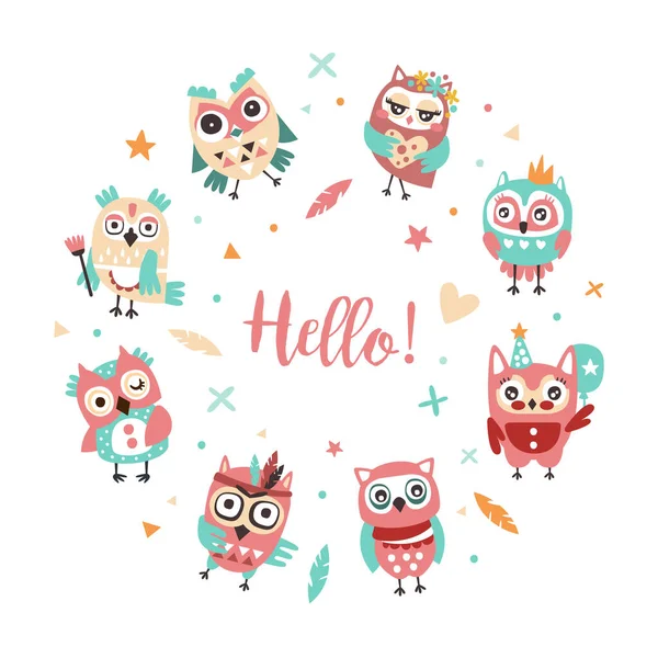 Hello Banner Template with Cute Colorful Hand Drawn Owlets, Poster, Invitation, Greeting Card, Flyer Design with Funny Owls Vector Illustration — Stock Vector