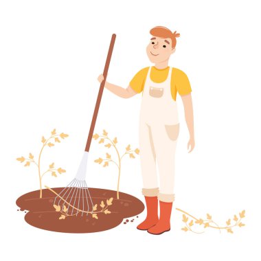 Genç Çiftçi ya da Tarım İşçisi Toprağı Tırmıkla İşletme ya da Toprak Vektörü İllüstrasyonu