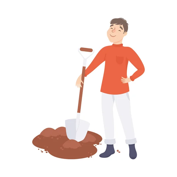 Young Man Farmer or Agricultural Worker Digging Ground with Shovel Vector Illustration — Stock Vector