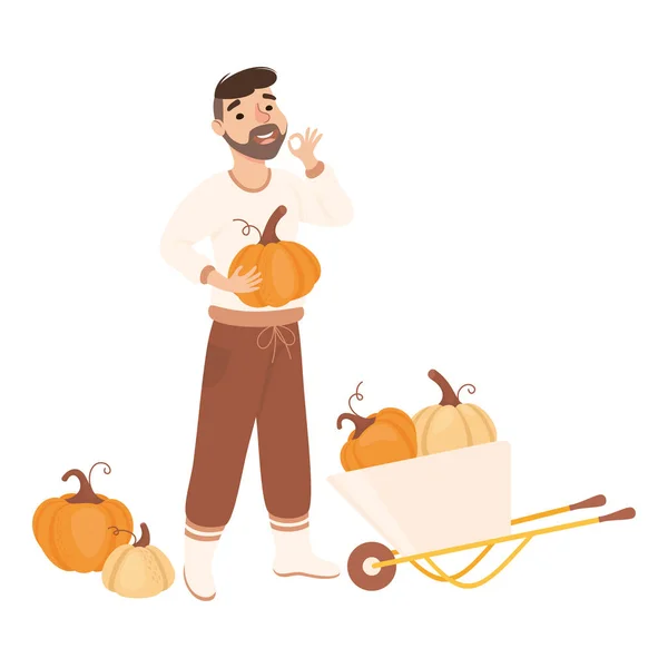 Bearded Farmer or Agricultural Worker Holding Ripe Pumpkin Vector Illustration — Stock Vector