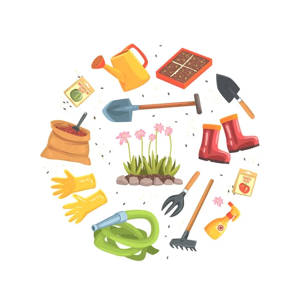 Садові інструменти Кругова форма Банер, садівництво, фермерство та концепція сільського господарства Мультфільм Векторні ілюстрації — стоковий вектор