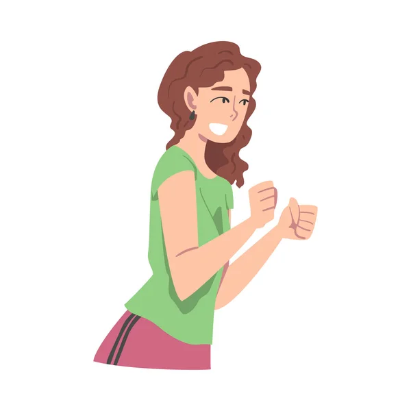 Happy Female Character Clenching Fists Smiling with Joy and Excitement Vector Illustration — Stock Vector