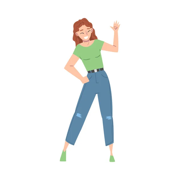 Overjoyed Female Character Waving Hand and Smiling with Joy and Excitement Full Length Vector Illustration — Stock Vector