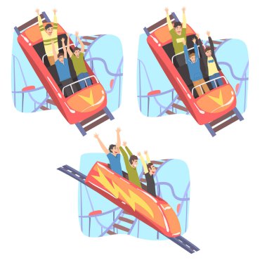 Roller Coaster Set 'te Eğlenen İnsanlar, Heyecanlı Genç Erkekler ve Kadınların Küçük Hızlı Açık Arabalara Sürüşü Eğlence Parkı Çizgi Film Stili Vektör Resimleri