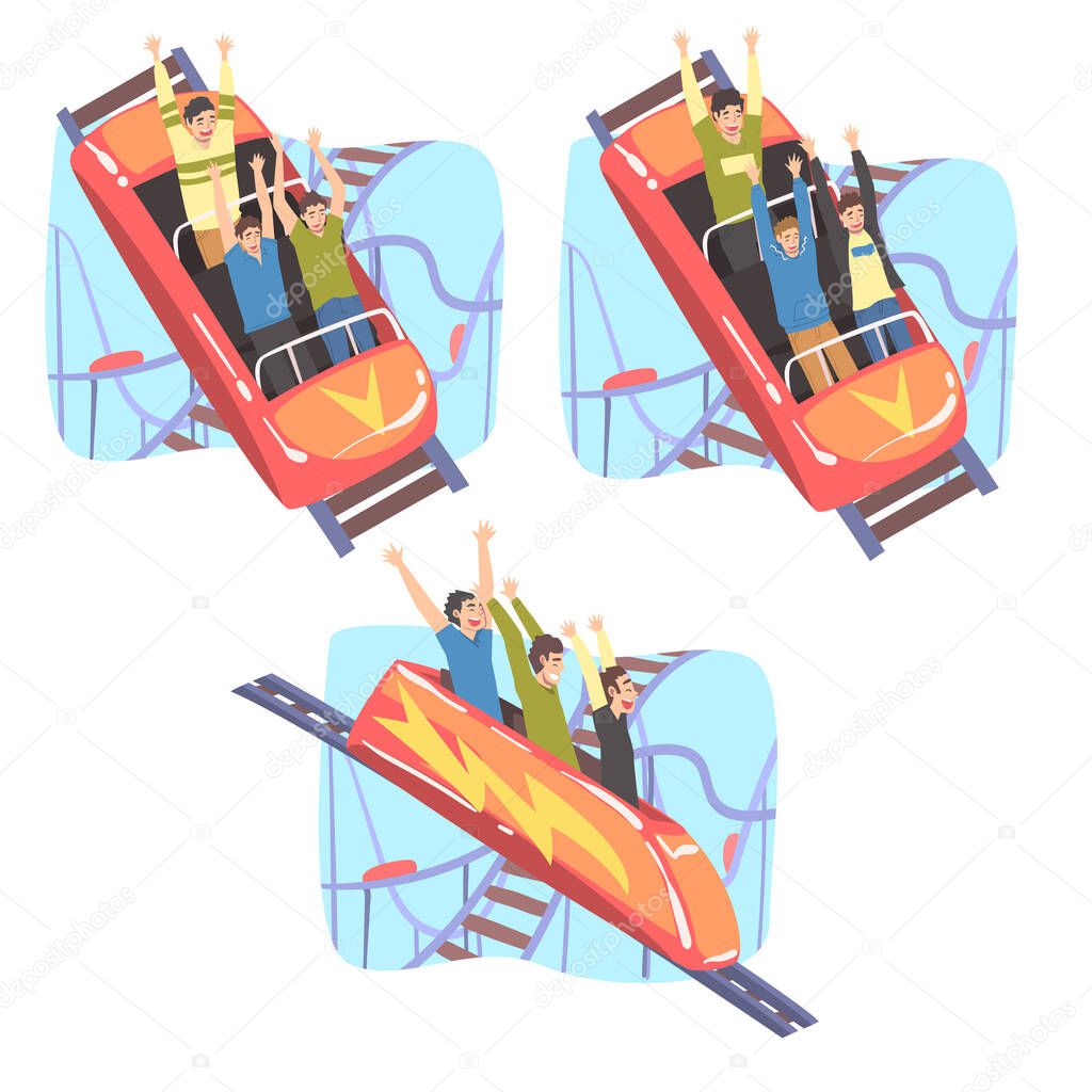 People Having Fun in Roller Coaster Set, Bundle of Excited Young Men and Women Riding Small Fast Open Cars in Amusement Park Cartoon Style Vector Illustration