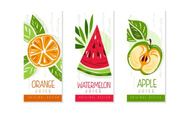 Taze Meyve Suyu Etiketleri Seti, Portakal, Karpuz, Elma Suyu Amblemleri, Paket Tasarım Şablonları Çizgi Film Biçimi Resimleri