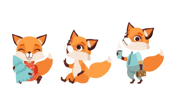 다양 한 상황에서의 귀여운 작은 여우 (Cute Little Fox in Various Situations Set, Lovely Baby Animal Cartoon Character Vector Illustration) — 스톡 벡터