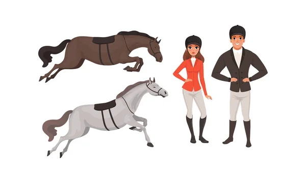Ensemble de sport équestre, homme et femme Jockeys professionnels et chevaux Illustration vectorielle de style bande dessinée — Image vectorielle