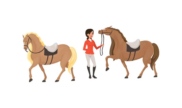 Conjunto Esporte Equestre, Mulher Profissional Jockey e Cavalos Desenhos Animados Estilo Vector Ilustração — Vetor de Stock