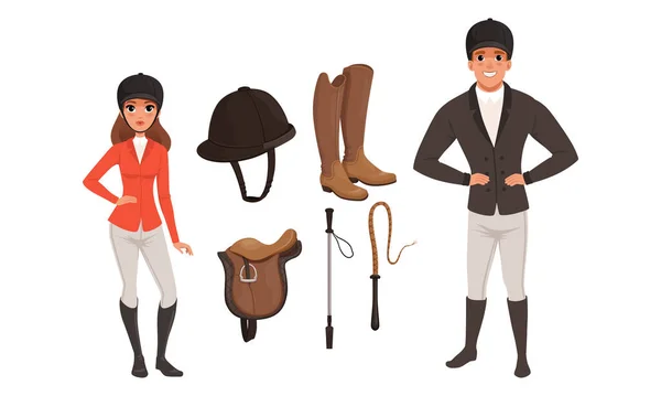 Ensemble de sport équestre, homme et femme Jockeys professionnels et équipement de sport Illustration vectorielle de style bande dessinée — Image vectorielle