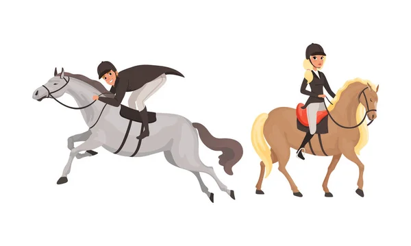 Equestrian Sport Set, Man and Woman Pacticing Horseback Riding Cartoon Style Vector Illustration — Stock Vector