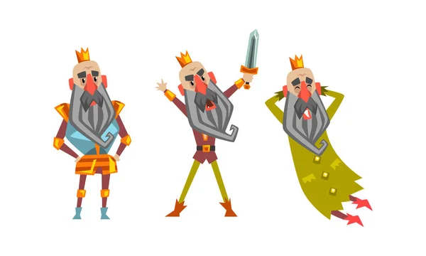 Funny King Character Set, Old Comic Bald Barbudo Rey con corona de oro en varias acciones Dibujos animados Estilo Vector Ilustración — Vector de stock