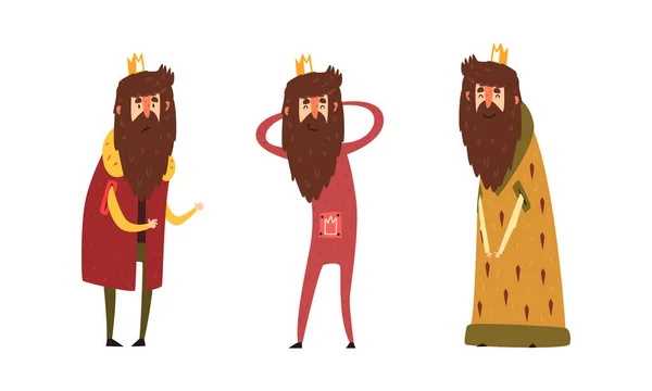Funny King Character Set, Old Comic Bearded King nosící zlatou korunu a Mantel Cartoon Style Vector Illustration — Stockový vektor