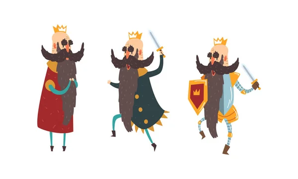 Zabawny Warlike King Character Set, Old Comic łysy król brodaty noszący złotą koronę z mieczem Styl kreskówki Wektor Ilustracja — Wektor stockowy