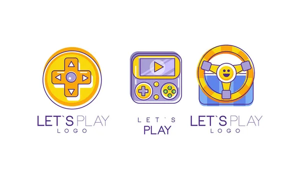 Lets Play Logo Design Collection, Etiketten für Videospielkonsolen Vektor Illustration — Stockvektor