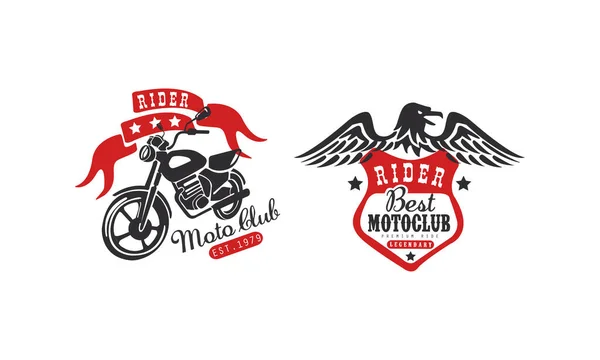 Set modelli logo Moto Club Retro, Distintivi vintage Racer Club con moto classica e illustrazione vettoriale aquila — Vettoriale Stock