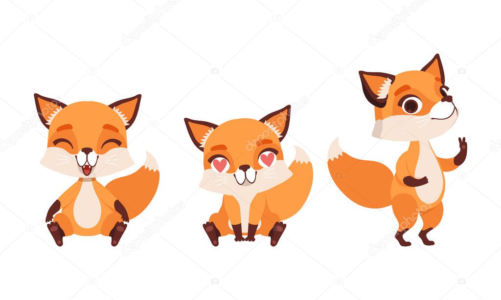 Adorable Little Fox in Various Emotions Set, Lovely Baby Animal Cartoon Character with Various Face Expression Vector Illustration