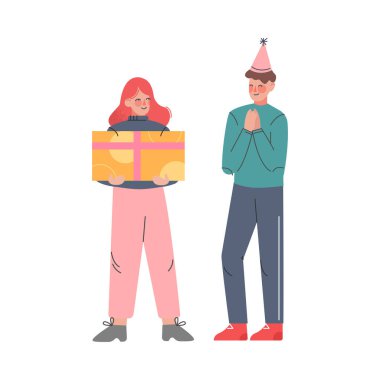 Neşeli Çocuk ve Kız Doğum Günü Kutlaması ve Hediye Kutusu Çizgi Filmi Vektör İllüzyonu