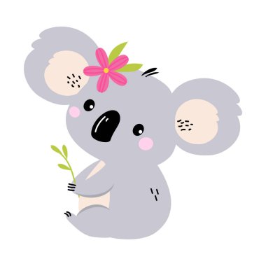 Şirin Koala Okaliptüs Şubesiyle Oturuyor, Güzel Avustralya Hayvan Çizgi Filmi Karakteri Vektör İllüzyonu
