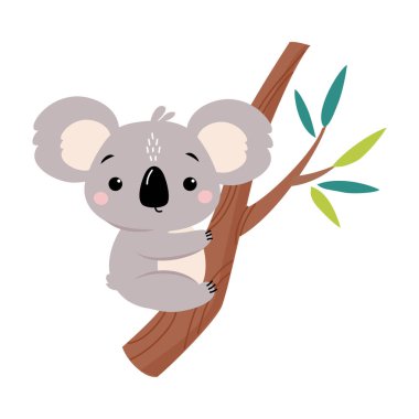 Sevimli Koala Okaliptüs Ağacında Oturuyor, Güzel Avustralya Hayvan Çizgi Filmi Karakteri Vektör İllüzyonu