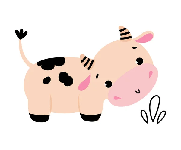 Carino piccolo pascolo mucca, adorabile divertente fattoria animale personaggio del fumetto illustrazione vettoriale — Vettoriale Stock
