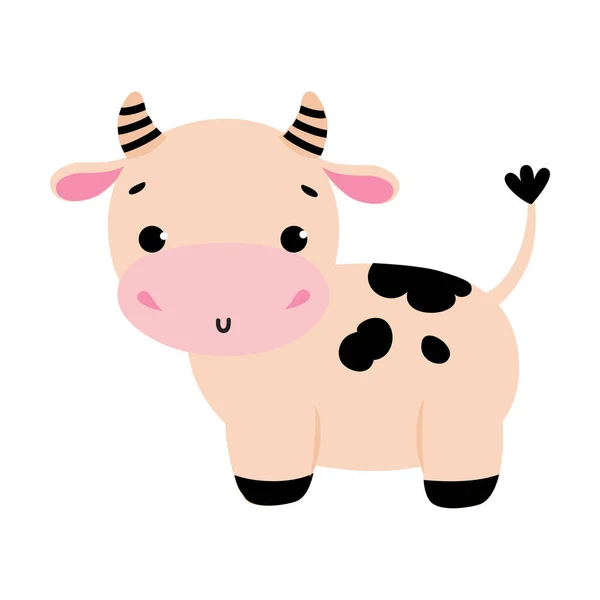 Carino piccola mucca, vista laterale di adorabile divertente fattoria animale personaggio del fumetto illustrazione vettoriale — Vettoriale Stock
