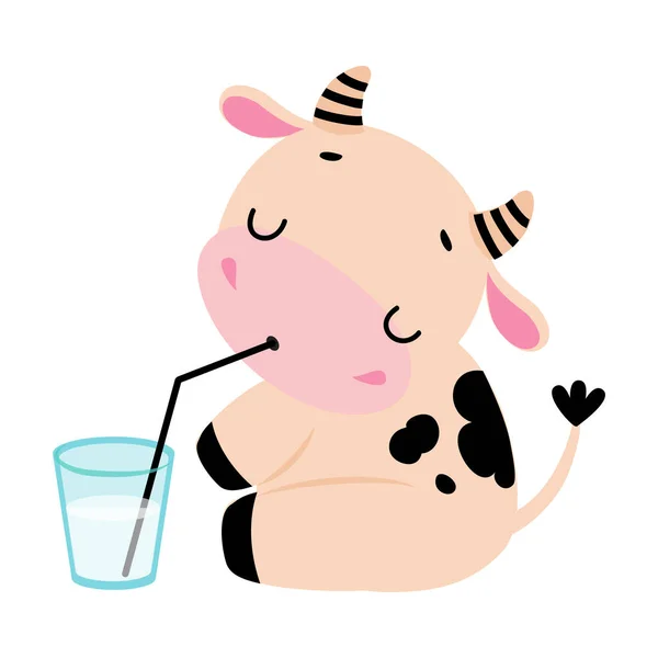 Latte bevente della mucca piccolo sveglio, illustrazione divertente adorabile del vettore del carattere del fumetto dell'animale della fattoria — Vettoriale Stock