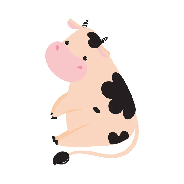 Vaca linda del bebé que se sienta, ilustración divertida adorable del vector del carácter de la historieta del animal de la granja — Vector de stock