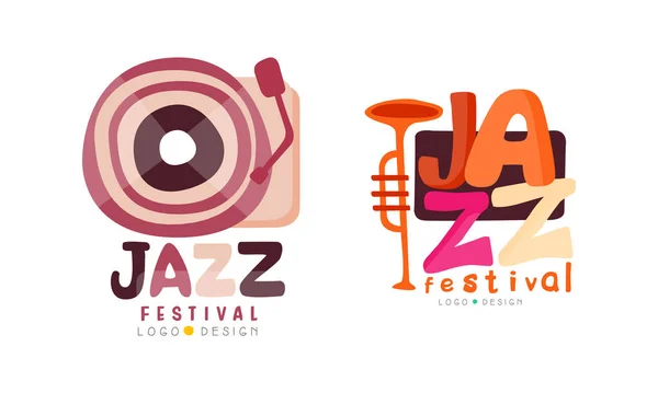 Jazz Festival Logo Design Set, Musical Event Labels Tecknad vektor Illustration — Stock vektor