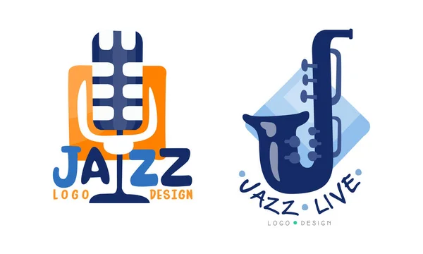 Logo Jazz Design Collection, Concerto dal vivo, Etichette del festival musicale Illustrazione vettoriale del fumetto — Vettoriale Stock