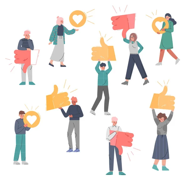 People Holding Vote Signs Set, Followers Giving Like or Dislike Notification Sign to Agreement or Disagreement to Media Blogger or Post Vector Illustration — Stock Vector