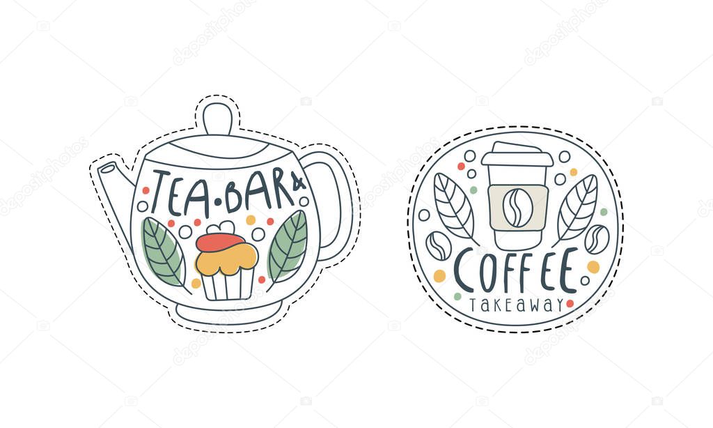 Takeaway Coffee Hand Drawn Labels Set, Tea Bar, Coffeehouse, Cafe, Restaurant Design Templates Outline Vector Illustration