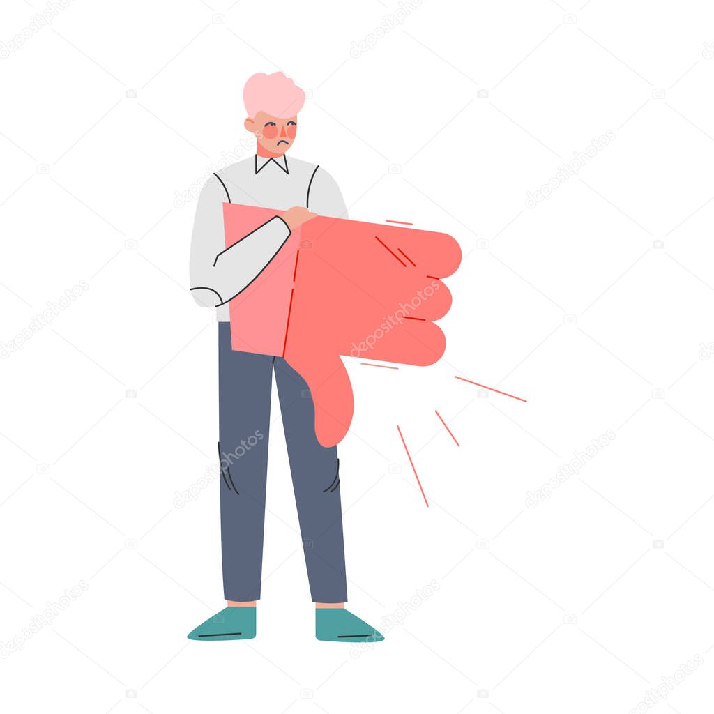 Boy Holding Thumb Down Sign, Follower Giving Dislike Expressing Disagreement to Blogger or Post, Social Media Networking Vector Illustration